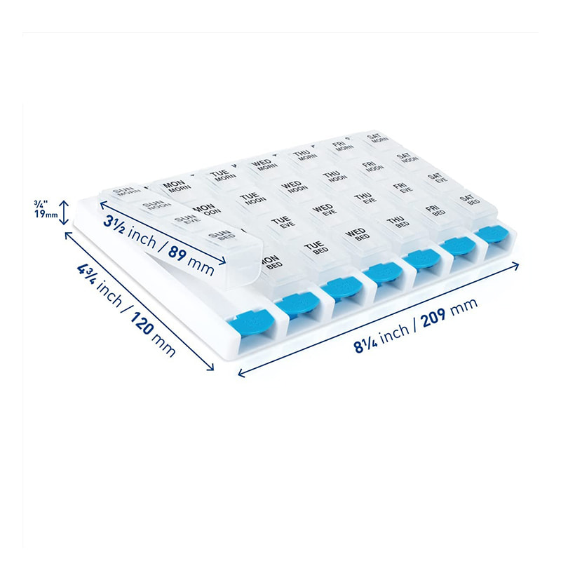 Abnehmbarer wöchentlicher 4-mal täglicher Pillen-Organizer mit Druckknopf 