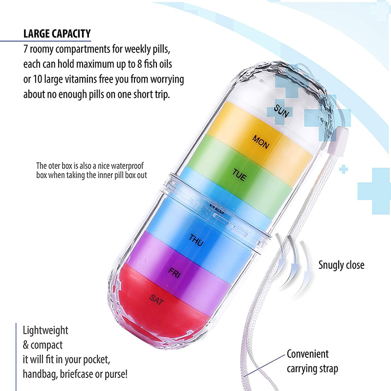 Regenbogenfarbener wasserdichter 7-Tage-Medikamententabletten-Organizer 